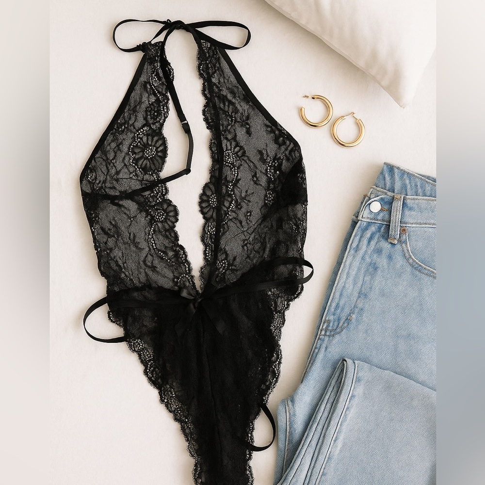 🖤 Avidlove Black Lace Halter Teddy with Rhinestone Accent — Size S — NWT